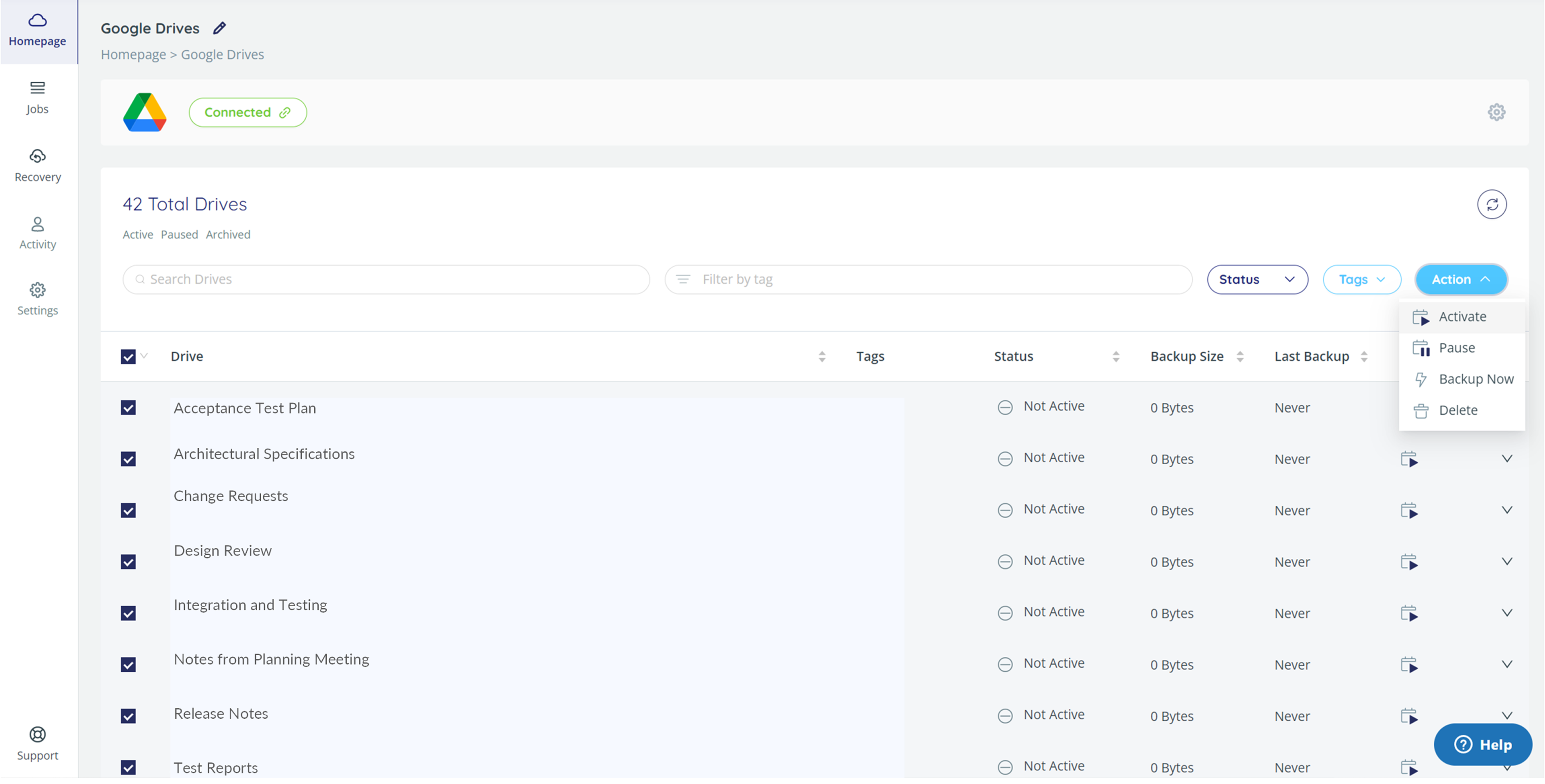 List of Google Shared Drives, with Action > Activate highlighted