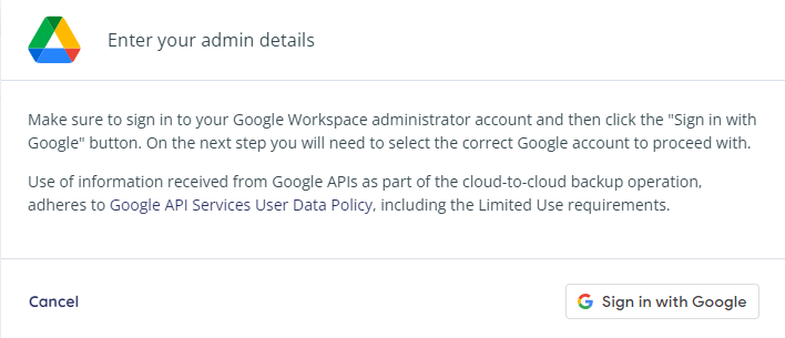 Enter your admin details - Sign in with Google