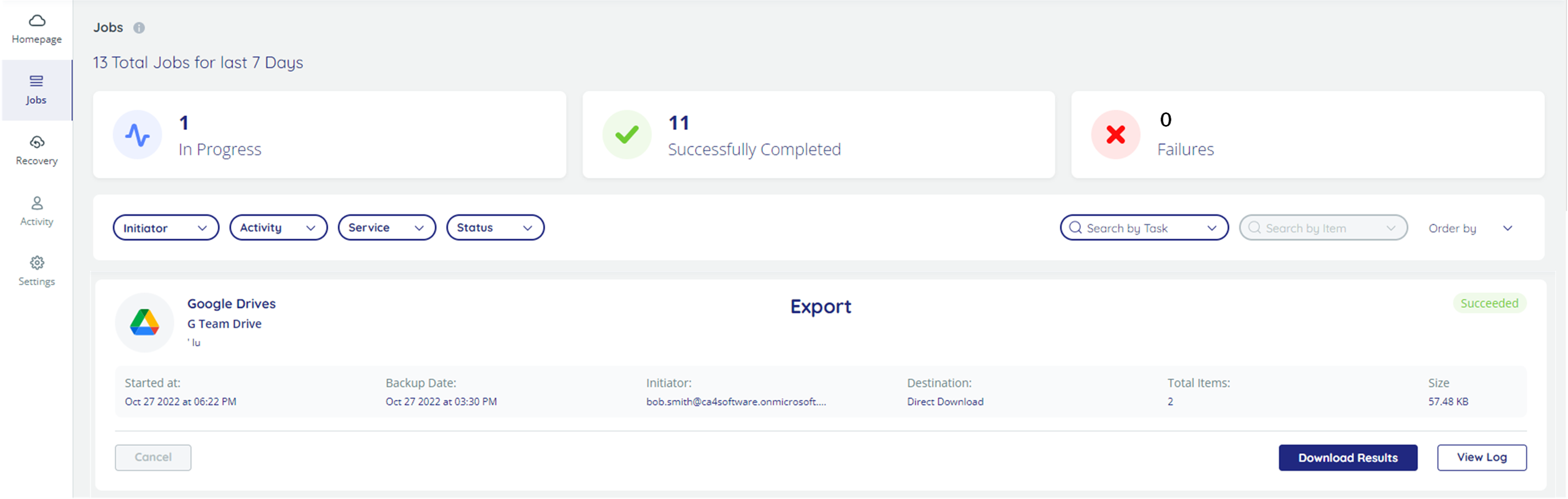 Jobs dashboard, with number of in progress, successfully completed, and failed jobs displayed