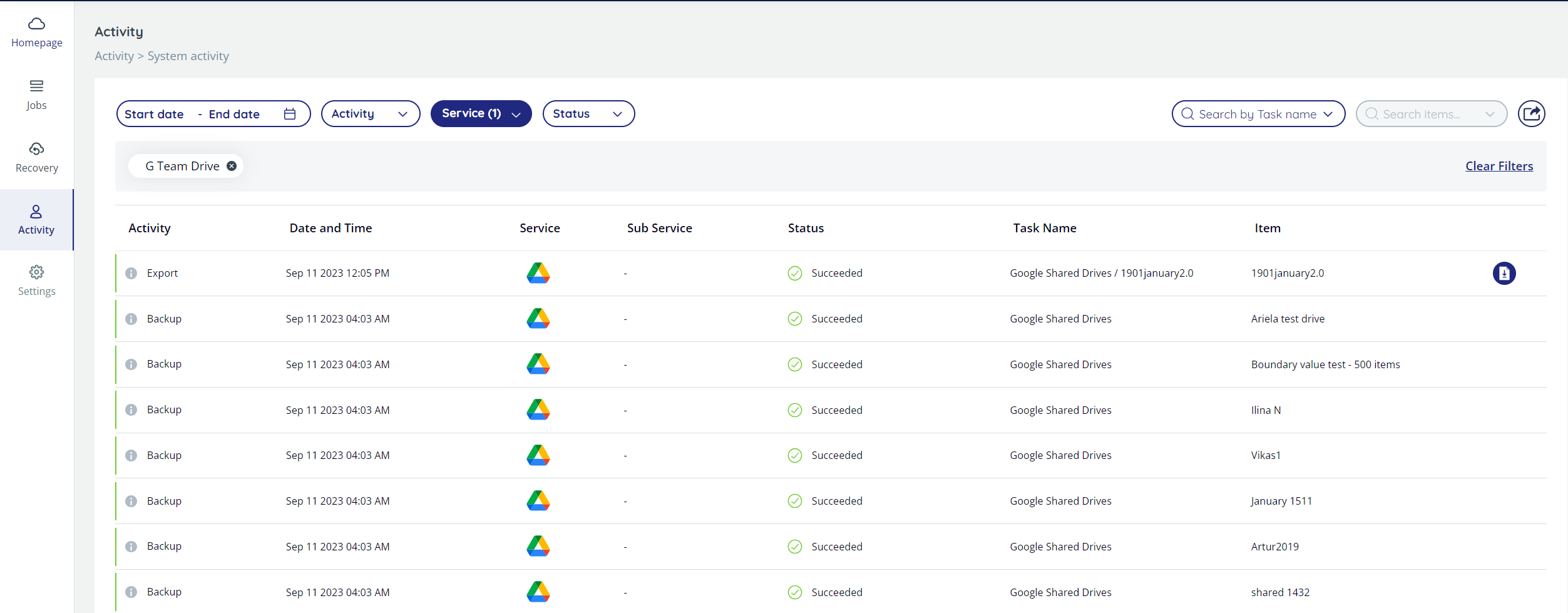 System Activity page, with details such as Activity, Date and Time, Service, Sub-Service, Status, Task Name, and Item.