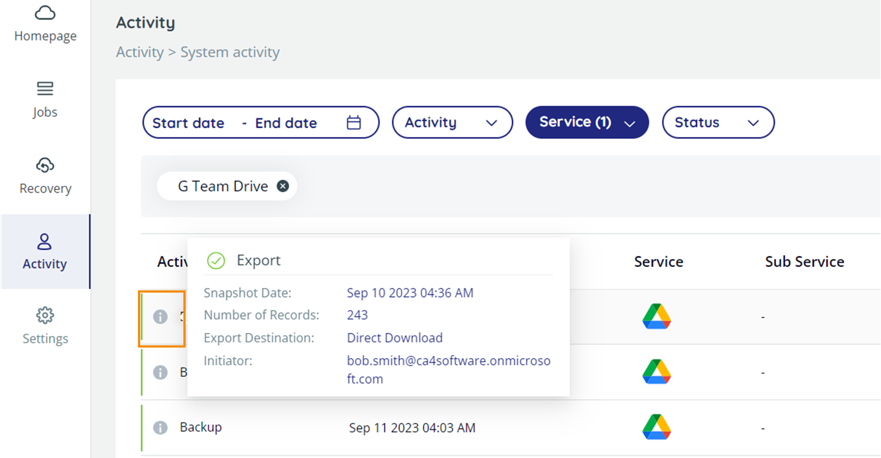 Info pop-up displaying backup execution time, the size of the stored data, and the number of entities, and the summary of the backup execution