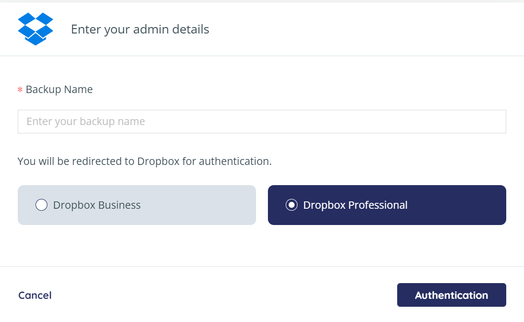 Enter your admin details - Dropbox authentication