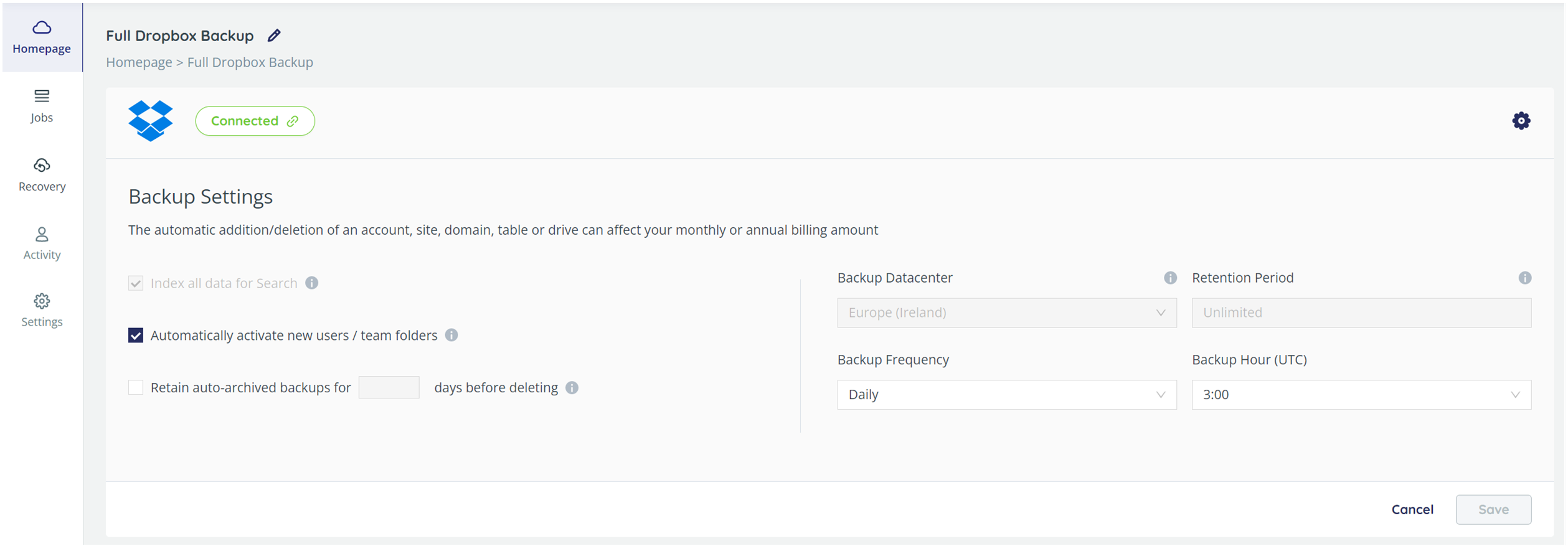 Backup settings - Dropbox