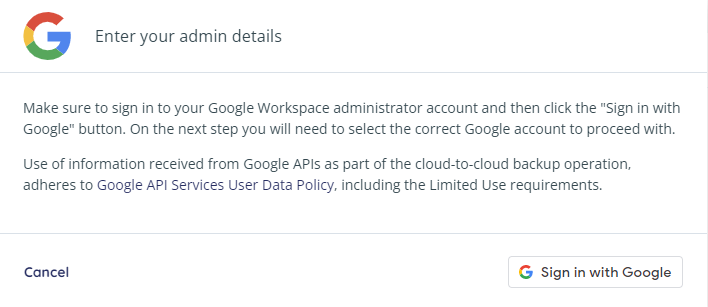 Enter your admin details - sign in with Google
