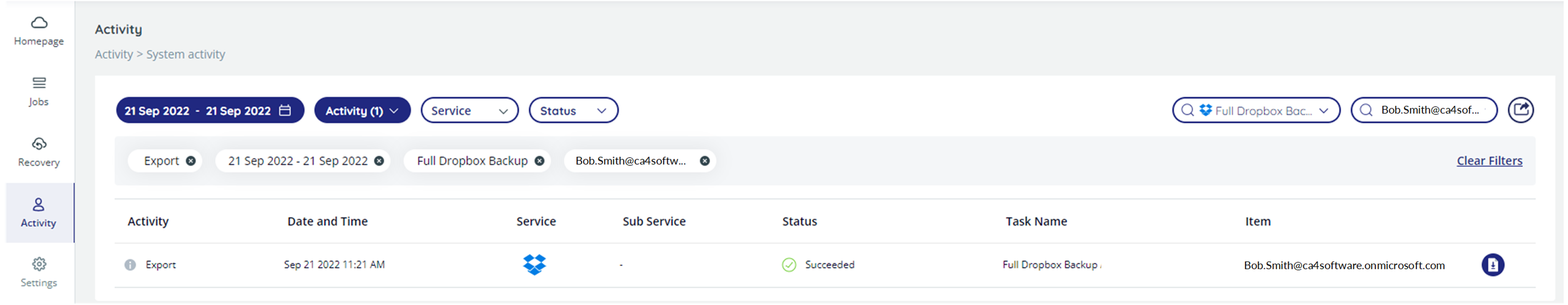 System Activity page, with Activity, Date and Time, Service, Sub-Service, Status, Task Name, and Item