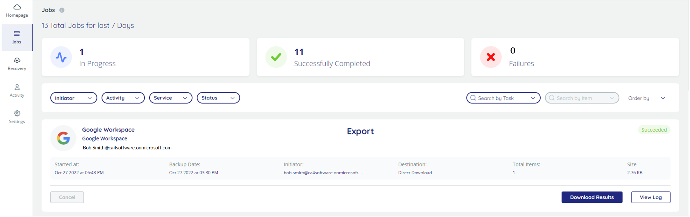 Jobs dashboard, with number of in progress, successfully completed, and failed jobs displayed