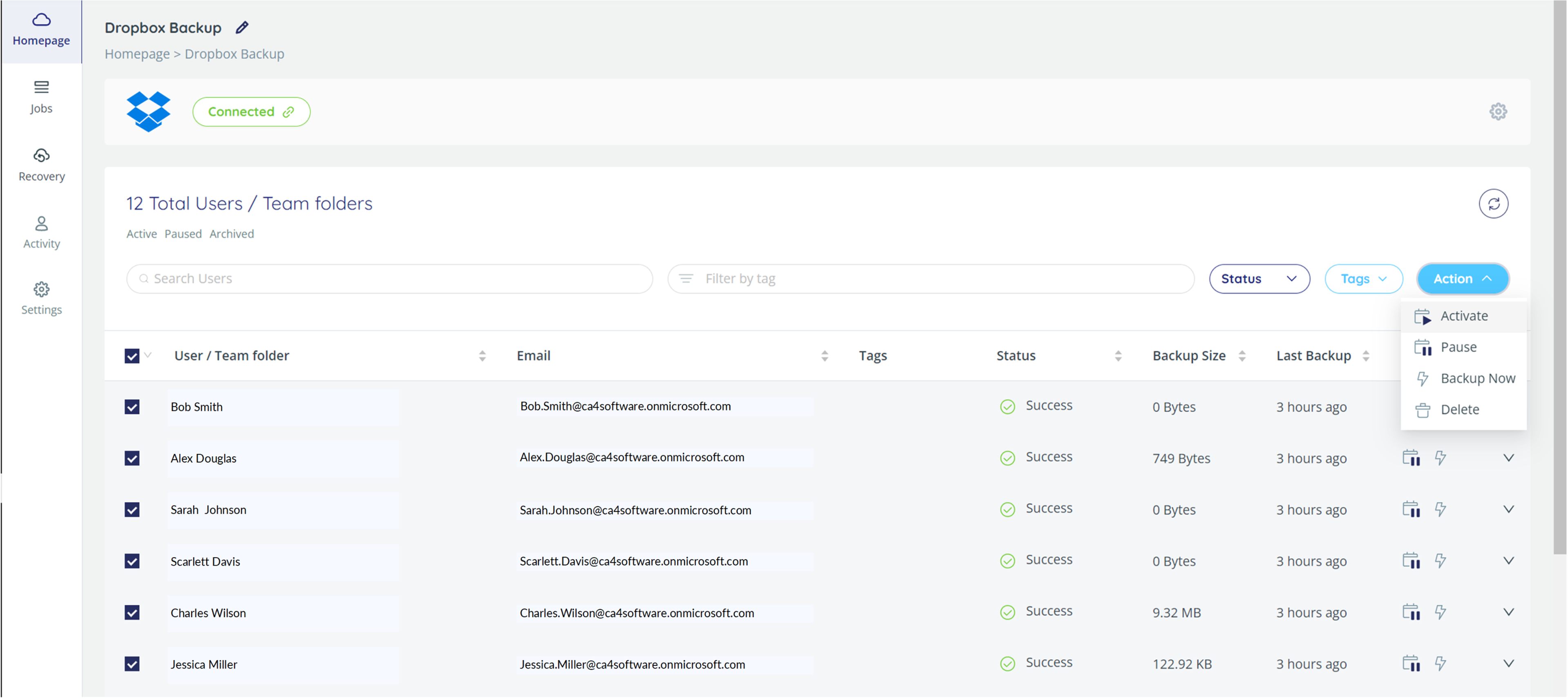 List of Dropbox folders, with Action > Activate highlighted