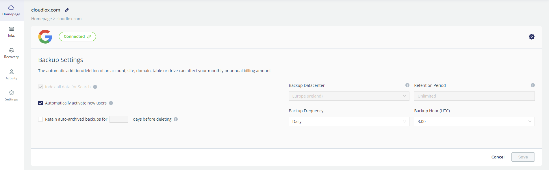 Backup settings - Google Workspace