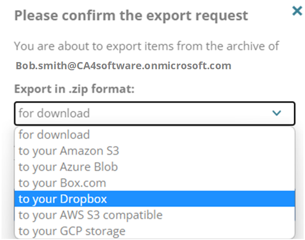 Drop-down list of export locations, including download, Amazon S3, Azure Blob, and Dropbox
