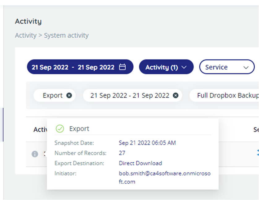 Info pop-up displaying backup execution time, the size of the stored data, and the number of entities, and the summary of the backup execution
