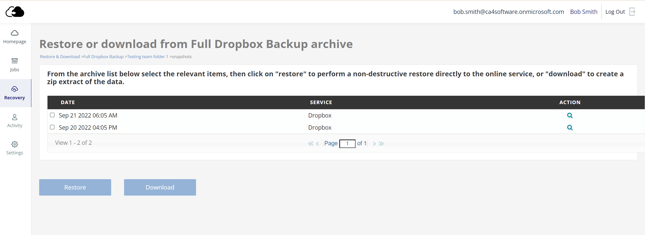 restore or download from Dropbox backup archive