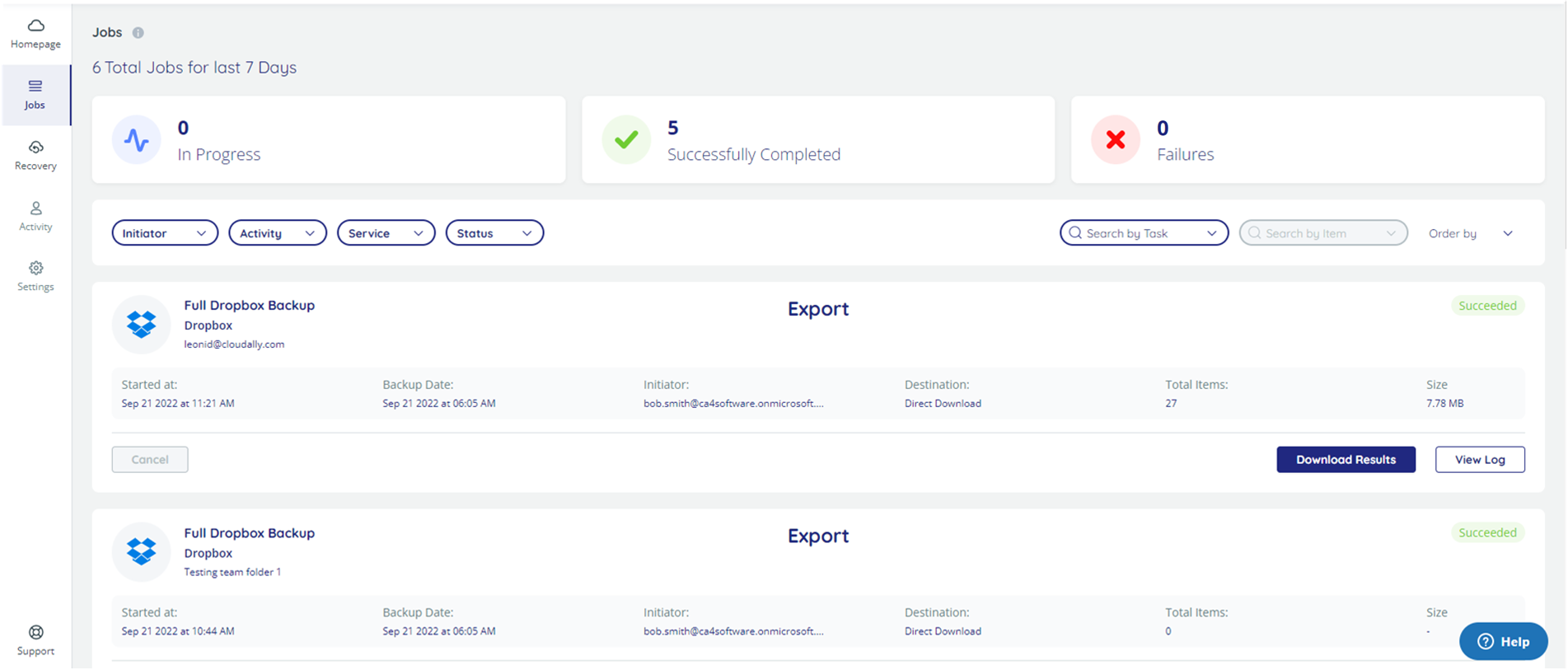Jobs dashboard, with number of in progress, successfully completed, and failed jobs displayed