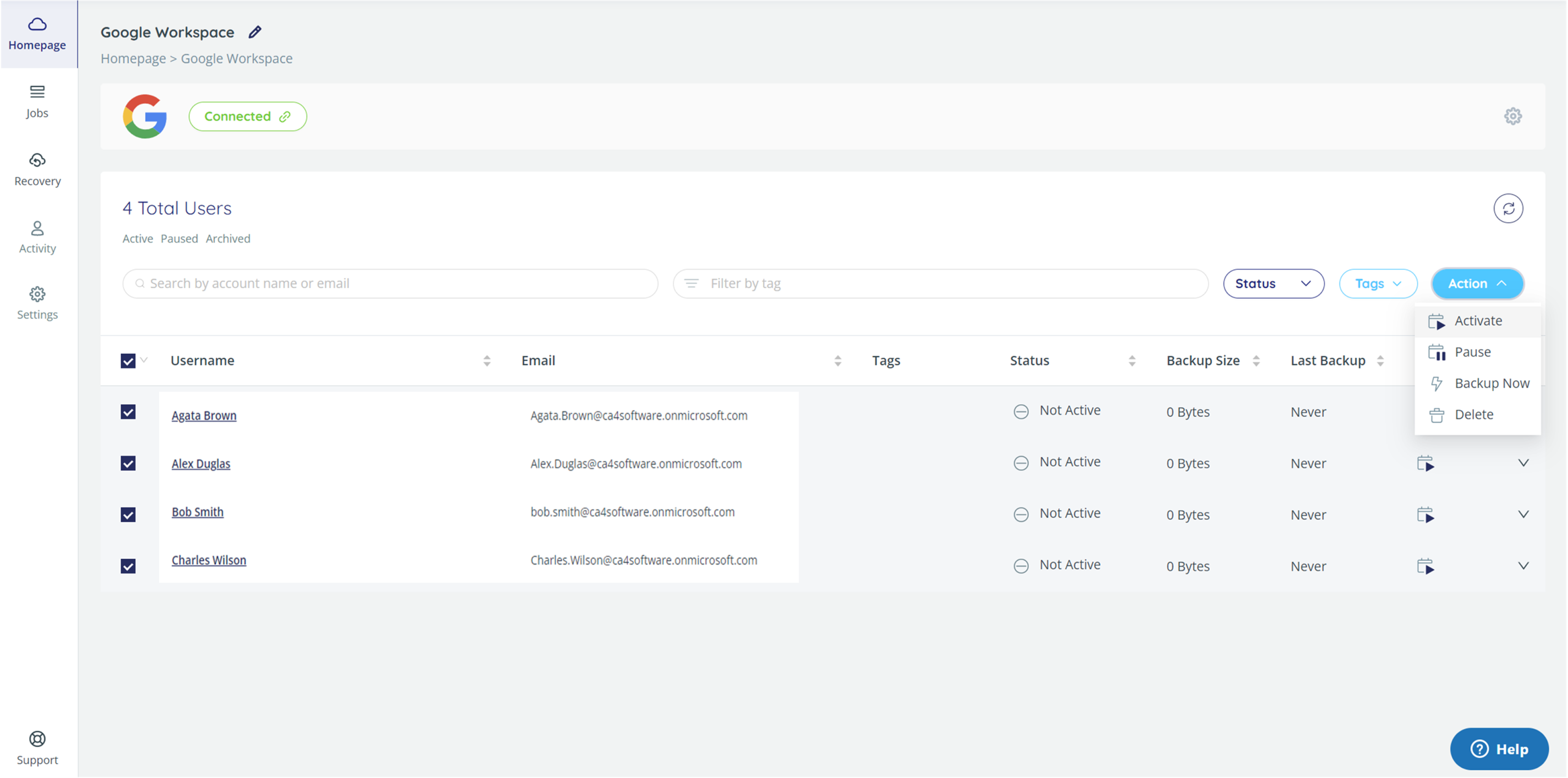List of Google Workspace users, with Action > Activate highlighted