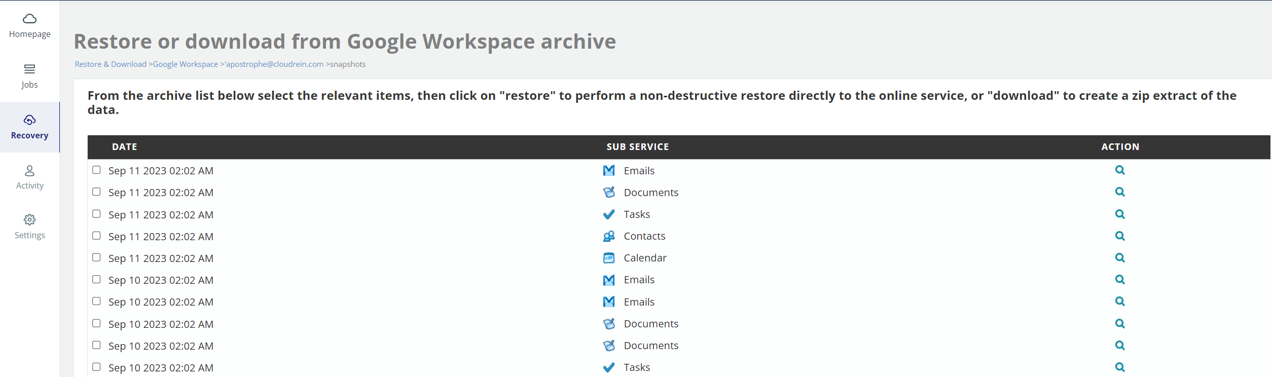Restore or download form Google Workspace archive