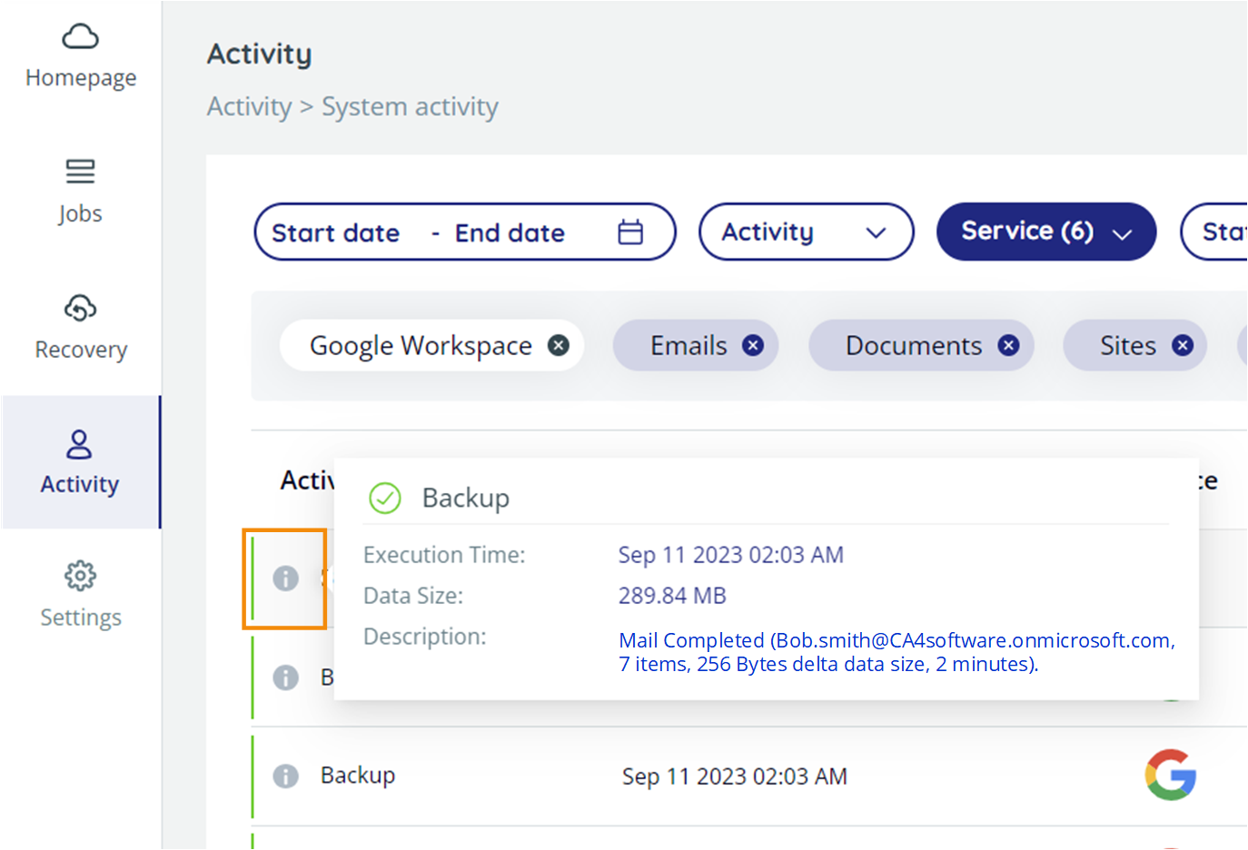 Info pop-up displaying backup execution time, the size of the stored data, and the number of entities, and the summary of the backup execution
