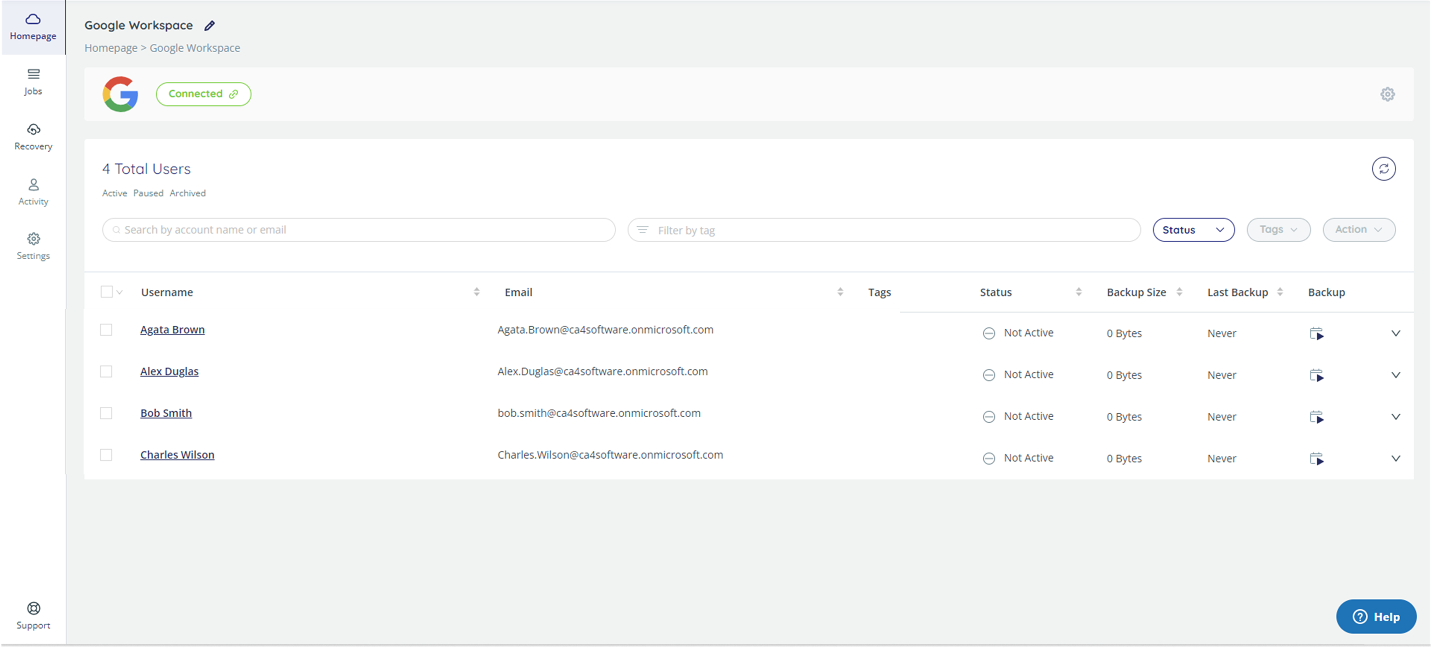 LIst of Google Workspace users' data available for backup
