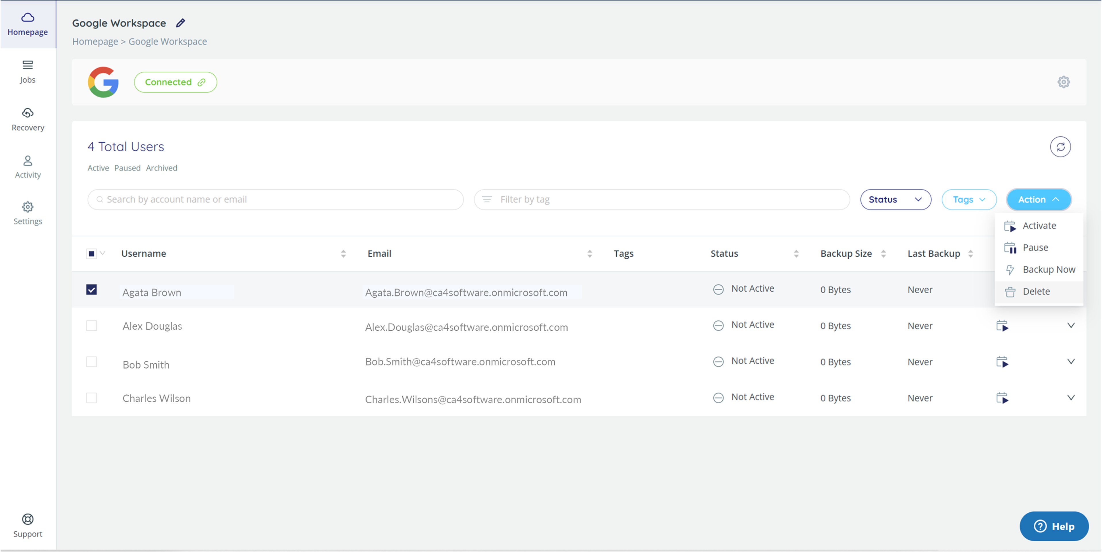 List of Google Workspace users, with Action > Delete highlighted