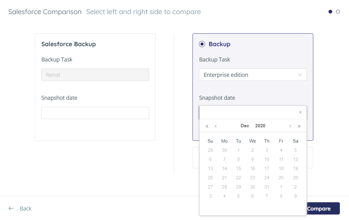 Salesforce comparison - select Backup task date to compare. Start Compare is highlighted.