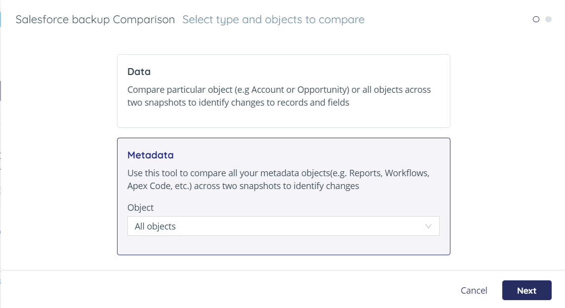 Salesforce backup Comparison - Metadata selected