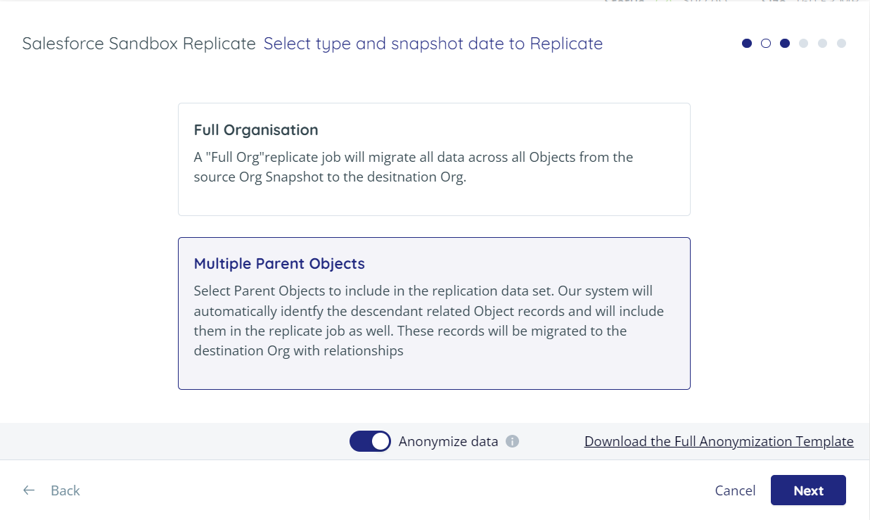 Select type and snapshot date to replicate - multiple parent objects selected