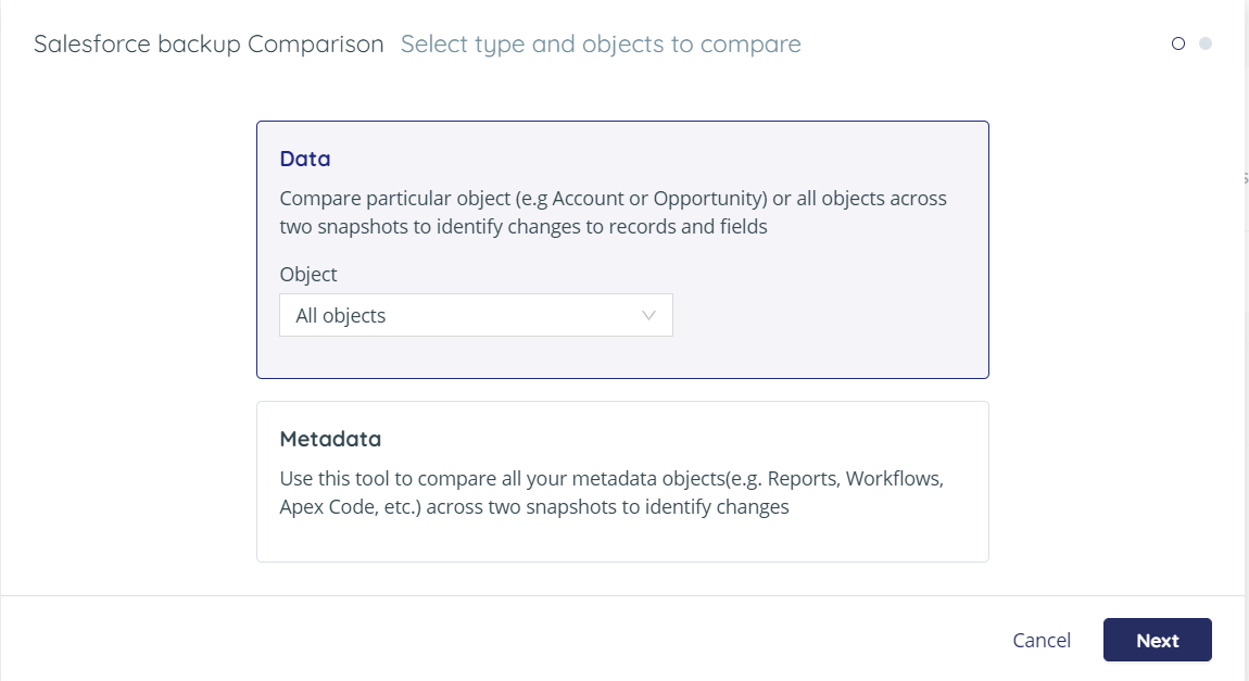 Salesforce backup compartison - Select type and objects to compare. Data is selected.