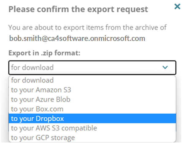 Drop-down list of export locations, including download, Amazon S3, Azure Blob, and Dropbox
