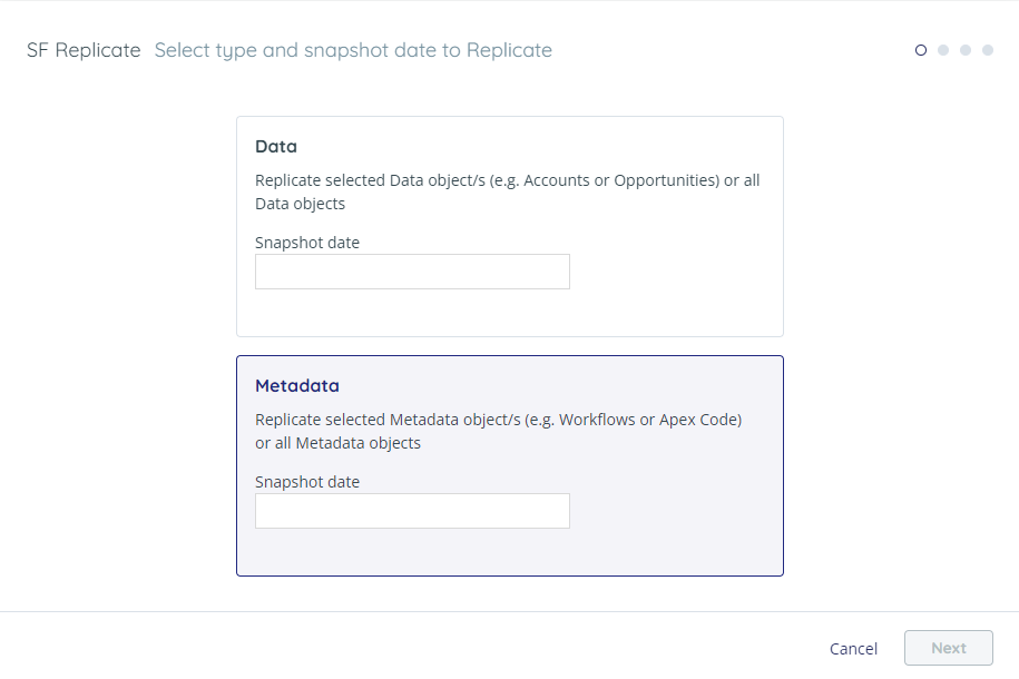 Select type and snapshot data to replicate - metadata selected