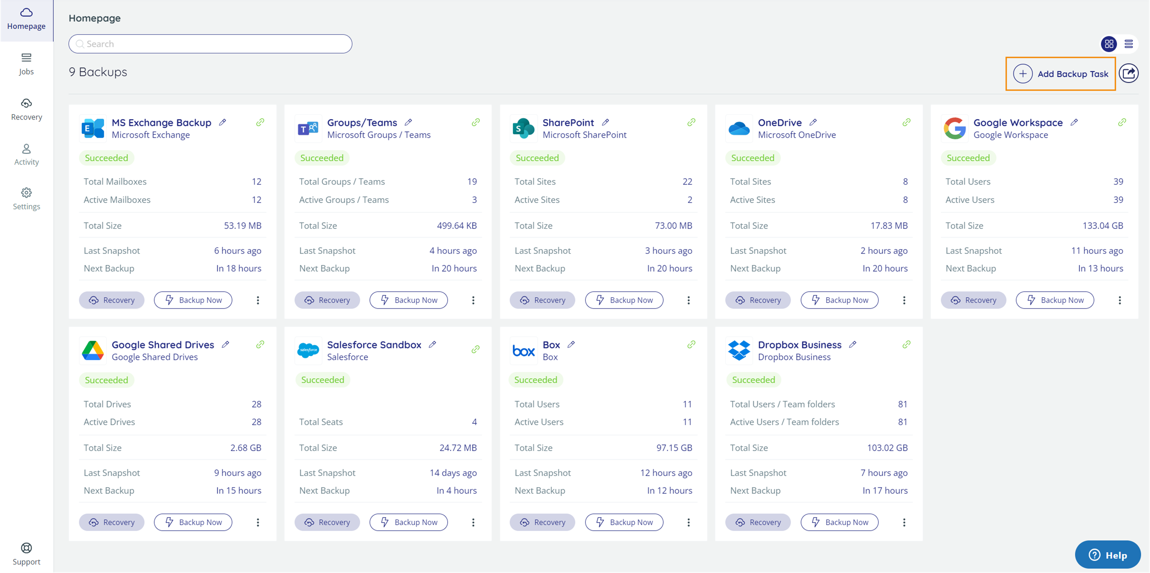 Homepage, with Add Backup Task highlighted