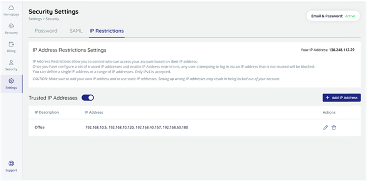 Security settings, IP Restrictions tab, Trust IP Addresses turned on with list of IPs.