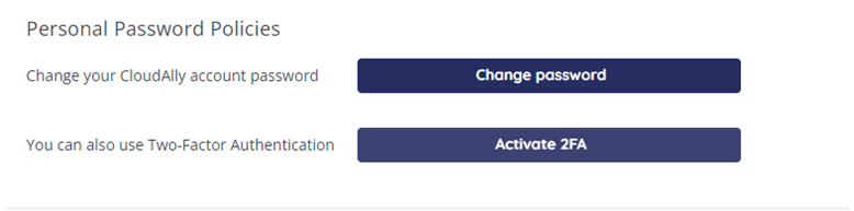 Security Settings page with change password and activate 2FA buttons