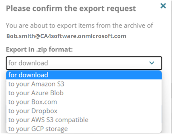 Drop-down list of export locations, including download, Amazon S3, Azure Blob, and Dropbox