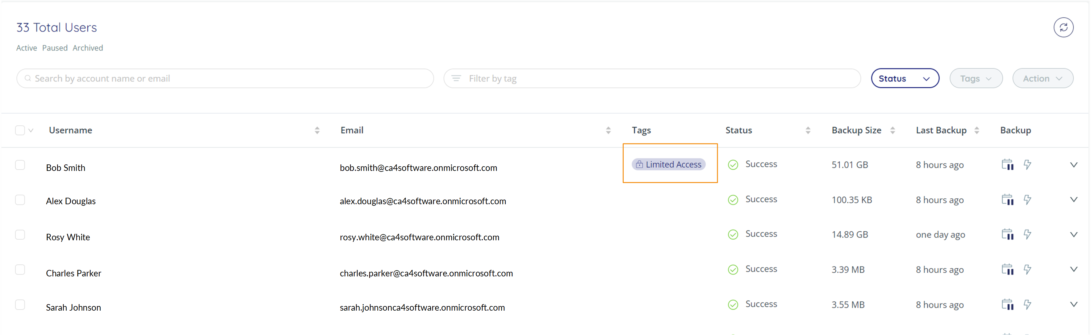 Selected account has Limited Access tag in the tag column