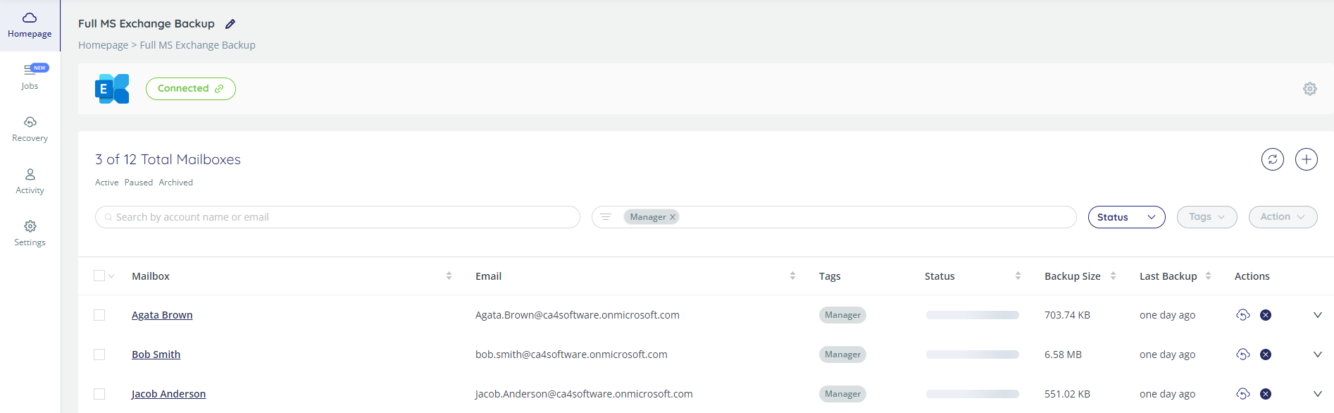 List of Exchange accounts with only those with the Manager tag displayed