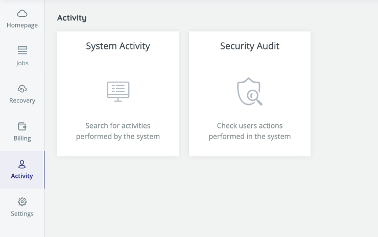 Activity page, with system activity and security audit options