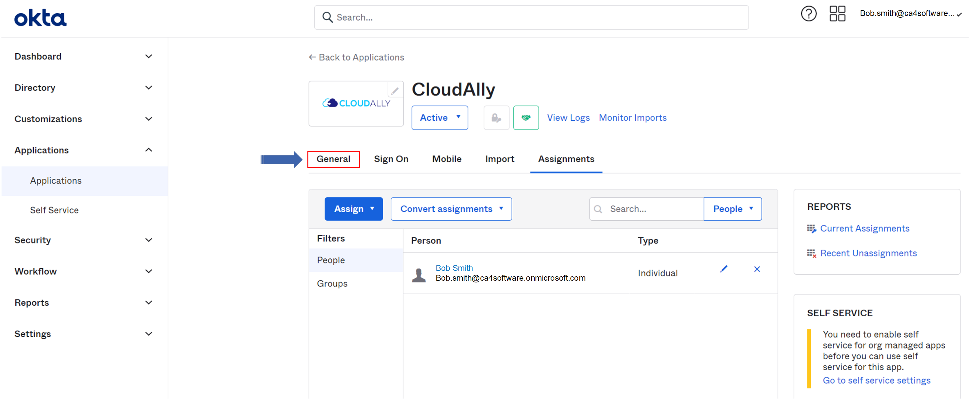 Okta application, General menu option highlighted