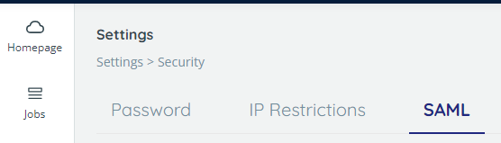 Security settings, with SAML tab highlighted