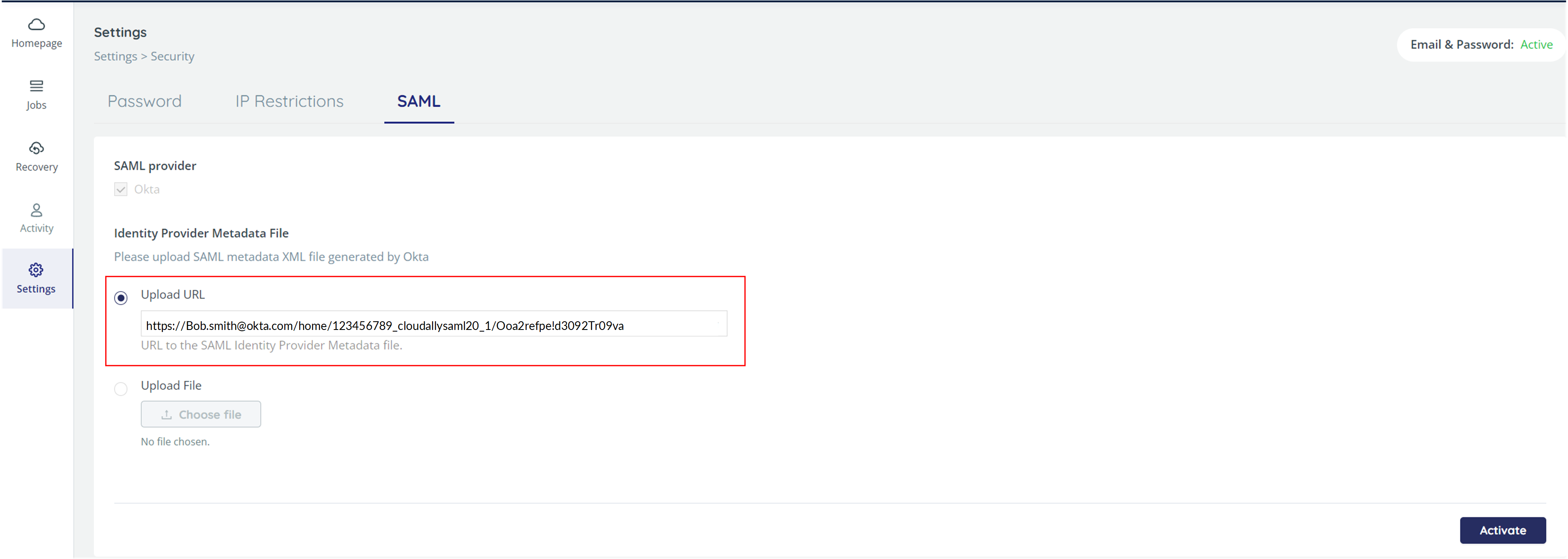 SAML tab, with Upload URL highlighted, and Okta URL pasted in.