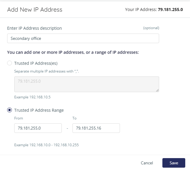 Add New IP Address page, with Trust IP Address Range selected. Save is highlighted.