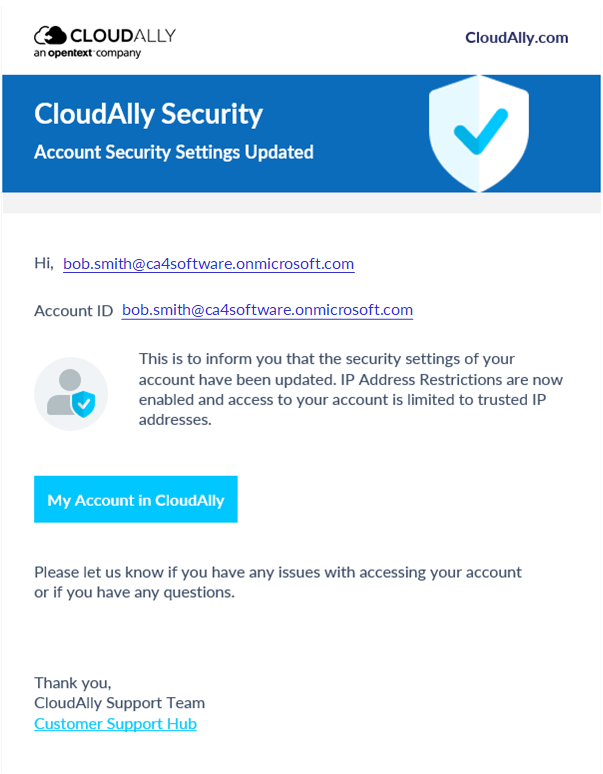 Email notifying subscriber that IP restrictions were turned on