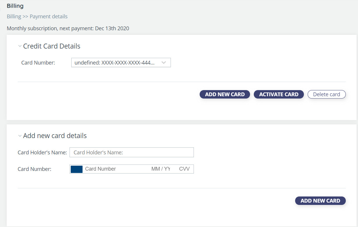 Screen for adding credit card details