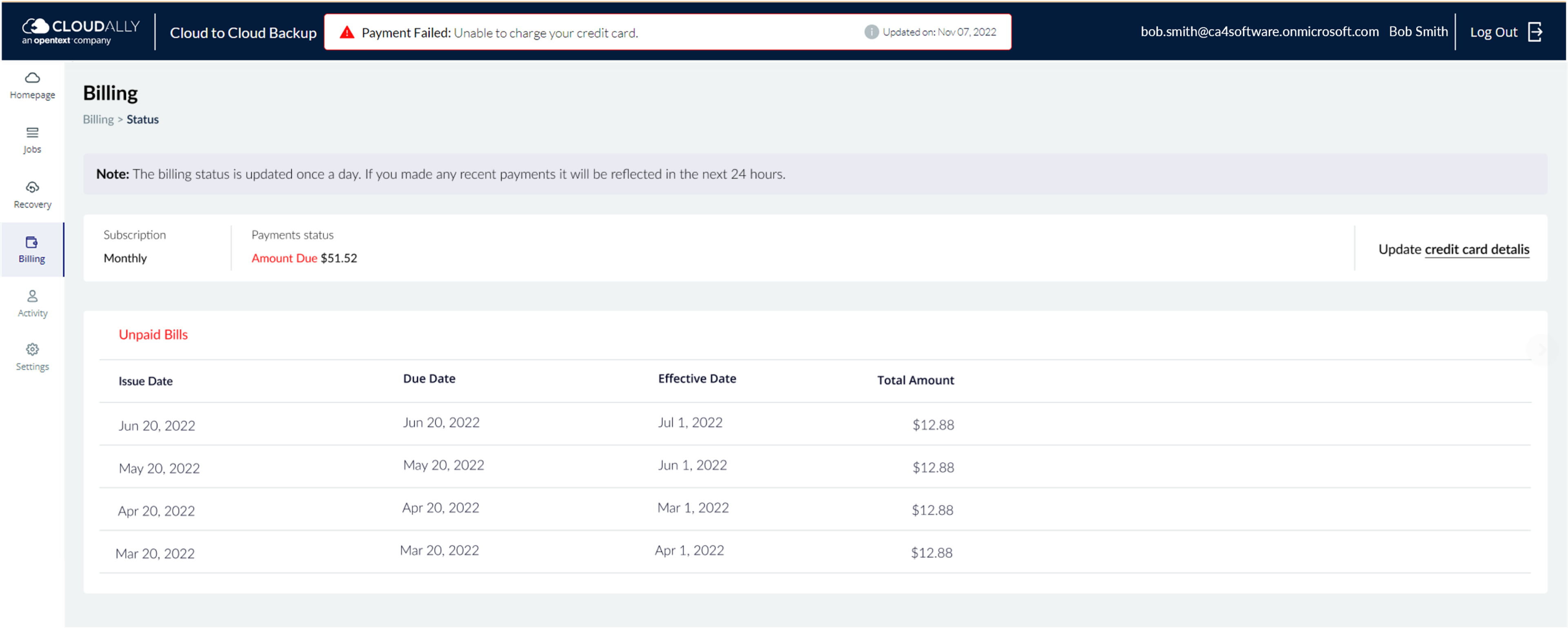Billing Status page, with Payment Failed error message