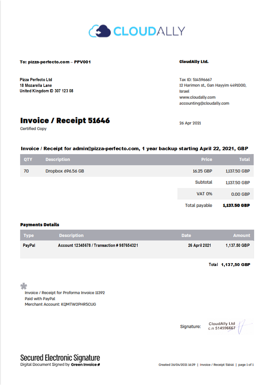 Sample payment receipt