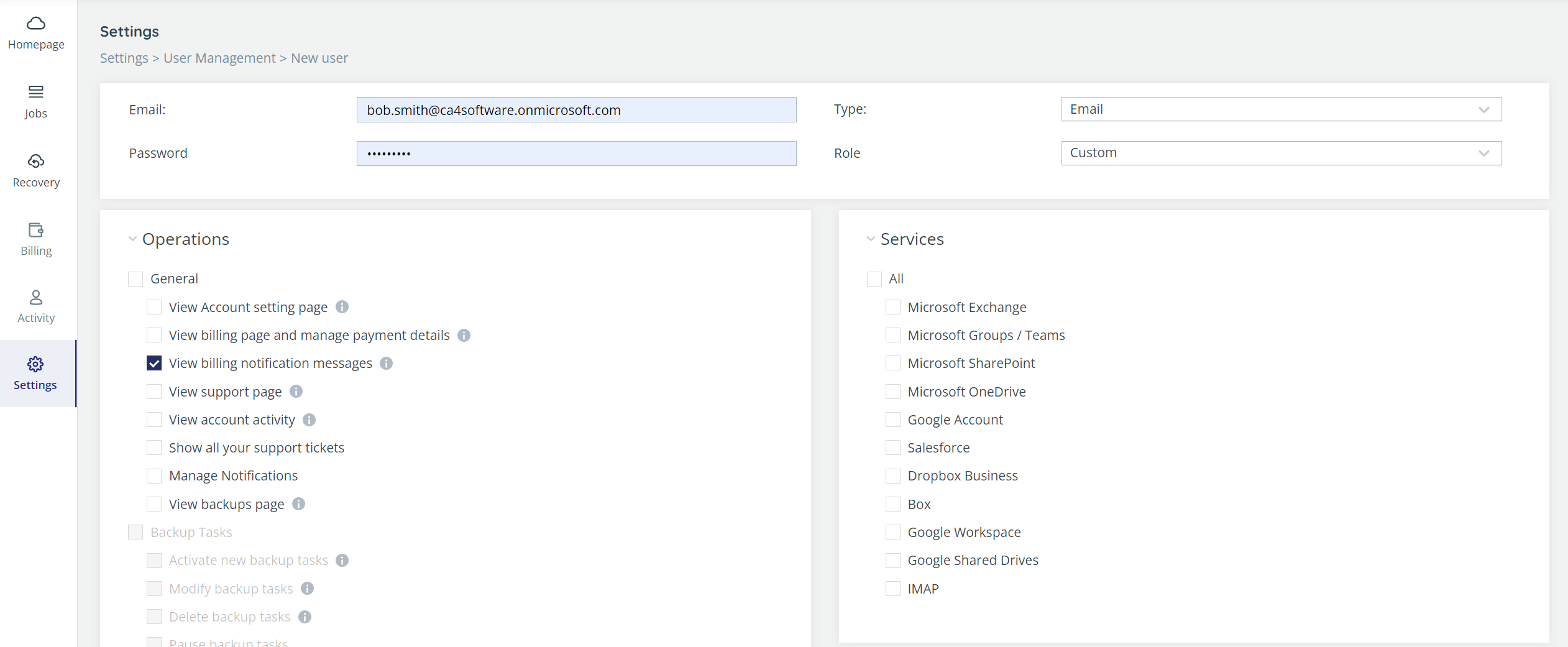 New user settings, with View Billing Notification Messages checked