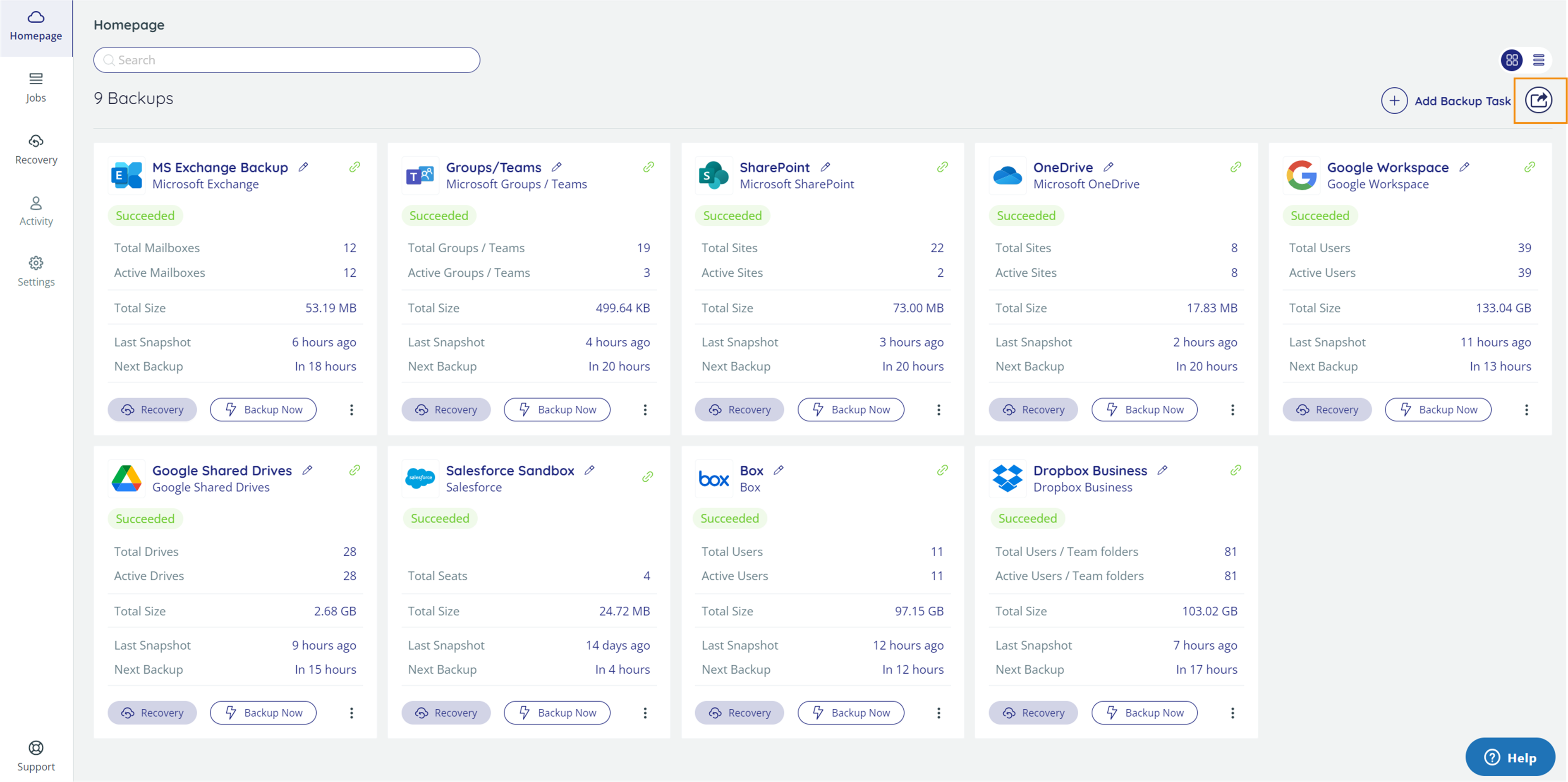 Home page, with export usage report button highlighted