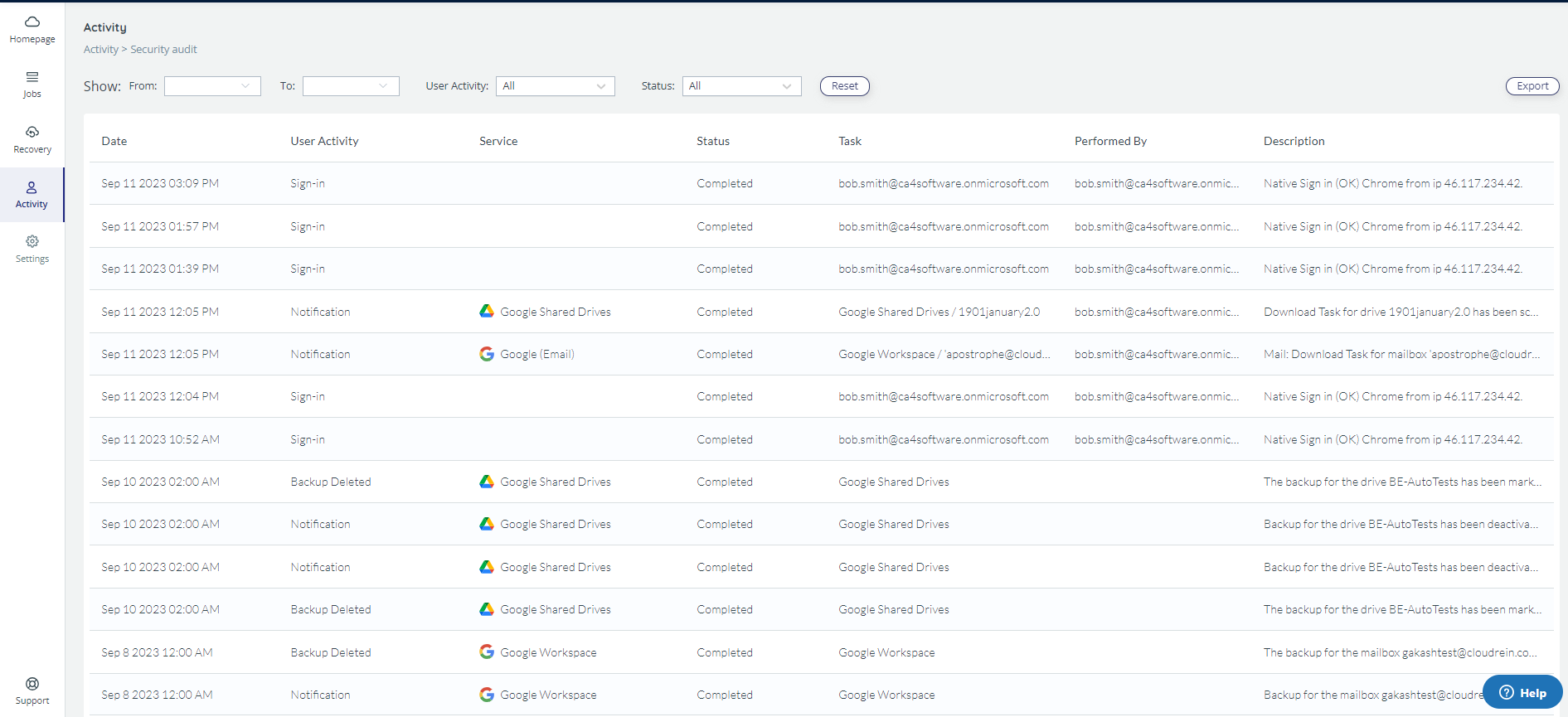Security audit page, with numerous entries