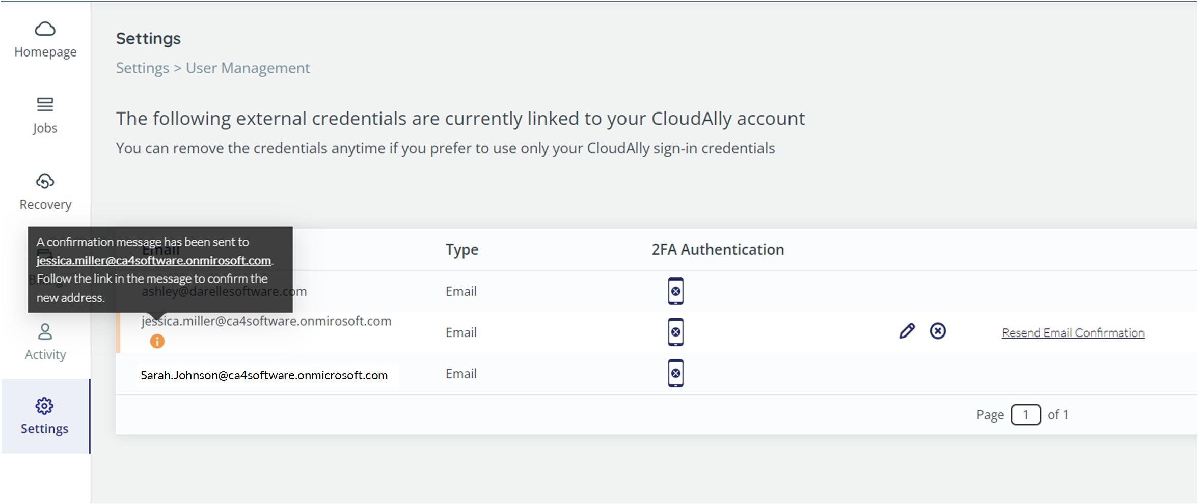 User management settings - message that confirmation message was sent. Link to resent confirmation.