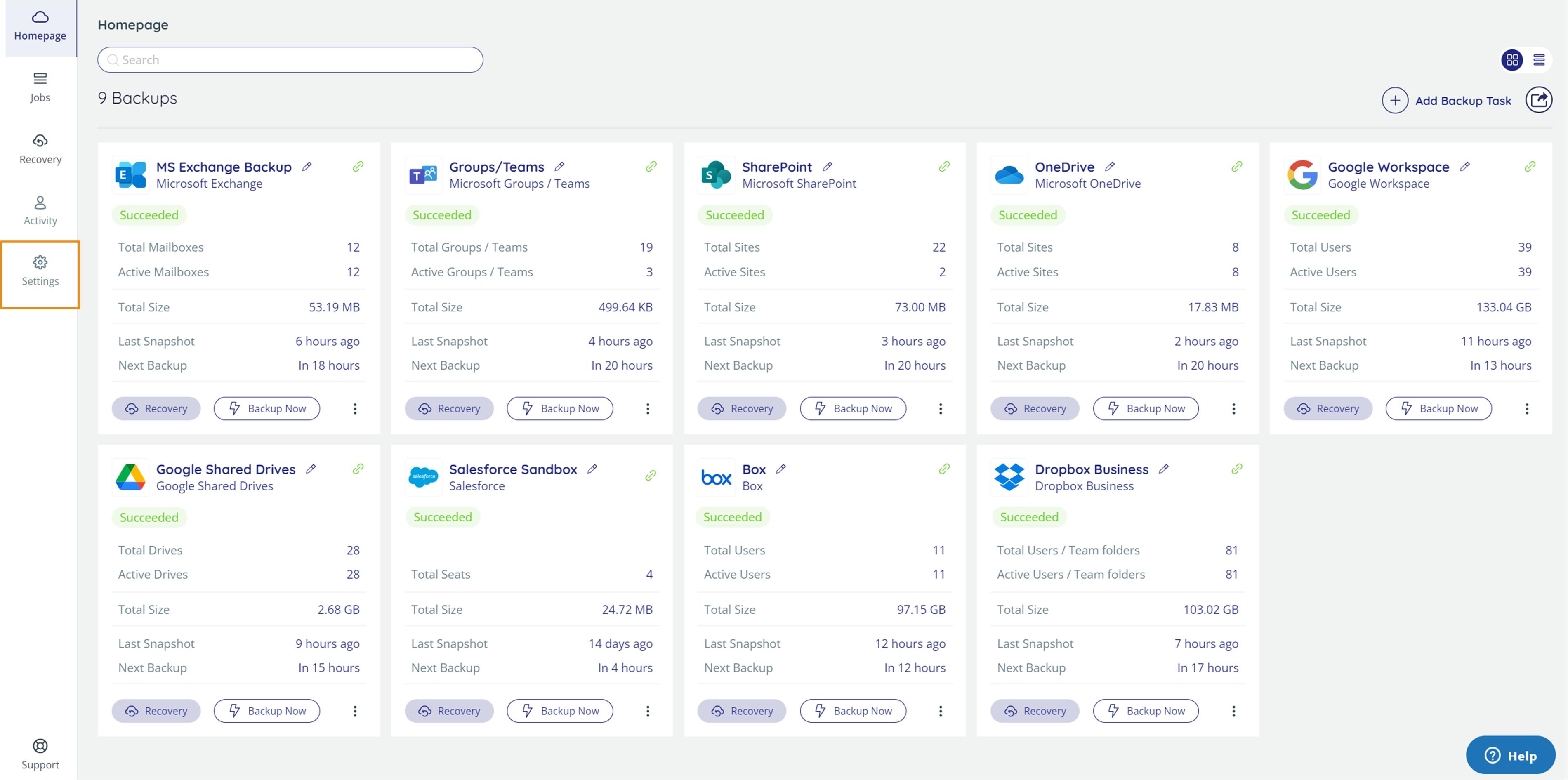 Home page, with Settings option in the navigation pane highlighted