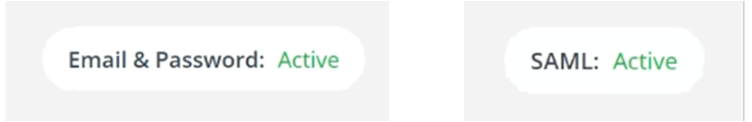Email and Password Active and SAML Active displays