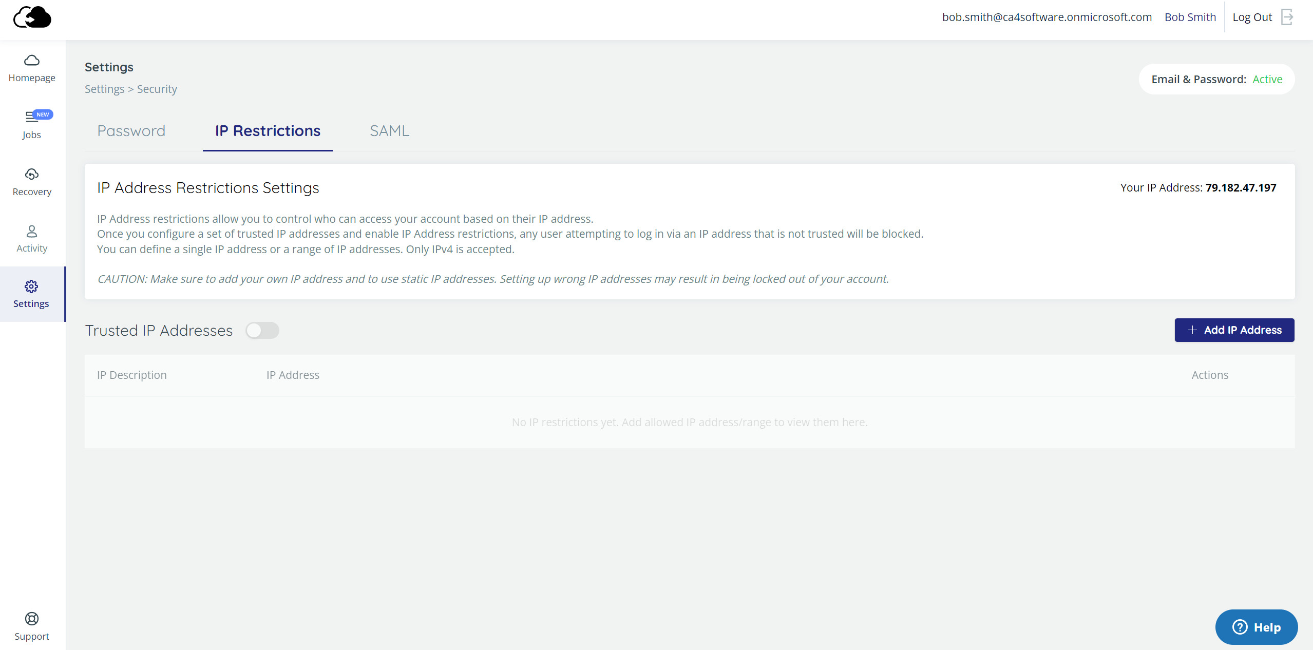 Security Settings - IP Restrictions page. 