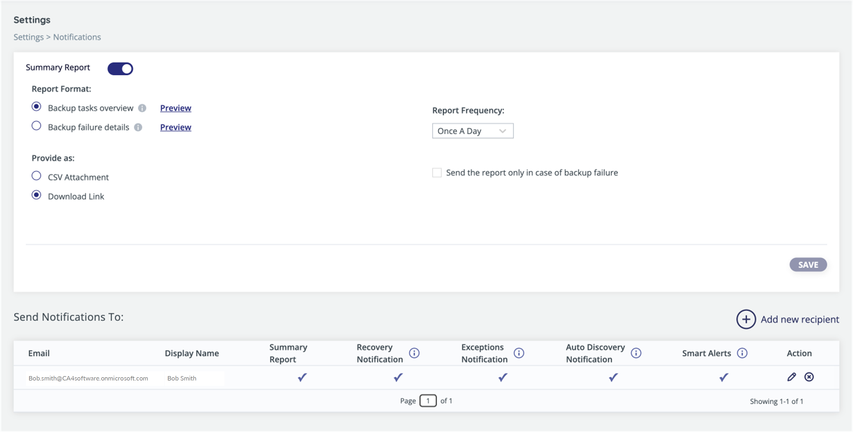 Notifixations setting screen, with Summary Report turned on, and options for report format and frequency